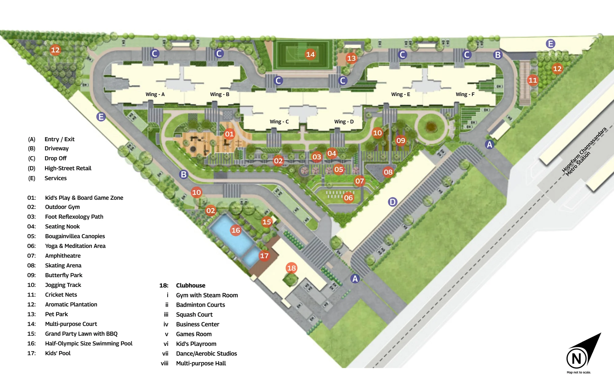 Mahindra Blossom, master plan Master plan of Mahindra Blossom with Wings A to F around a central garden, the pool, the clubhouse and a legend of amenities