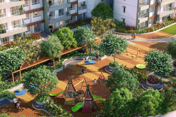 A children’s play area among trees, seen from above