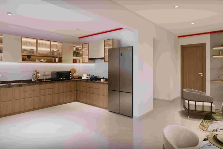 A modular kitchen with a breakfast counter